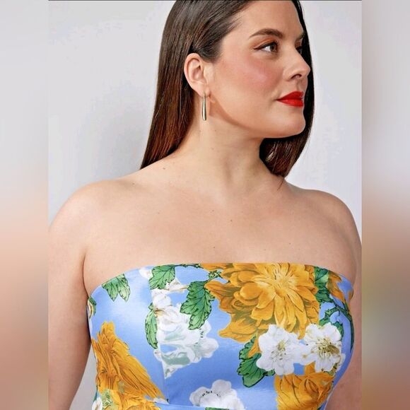 NWT New York & Co Women's Dress Medium Blue Yellow Floral Midi Pockets Strapless - Picture 3 of 11